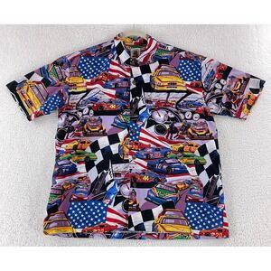 Max Boxxer Blue Car Racing Button-Up Casual Shirt‎ Mens Short Sleeve VTG Size L